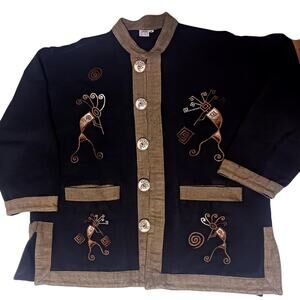 Venus Imports Nepal M Kokopelli jacket handwoven cotton, carved bone buttons